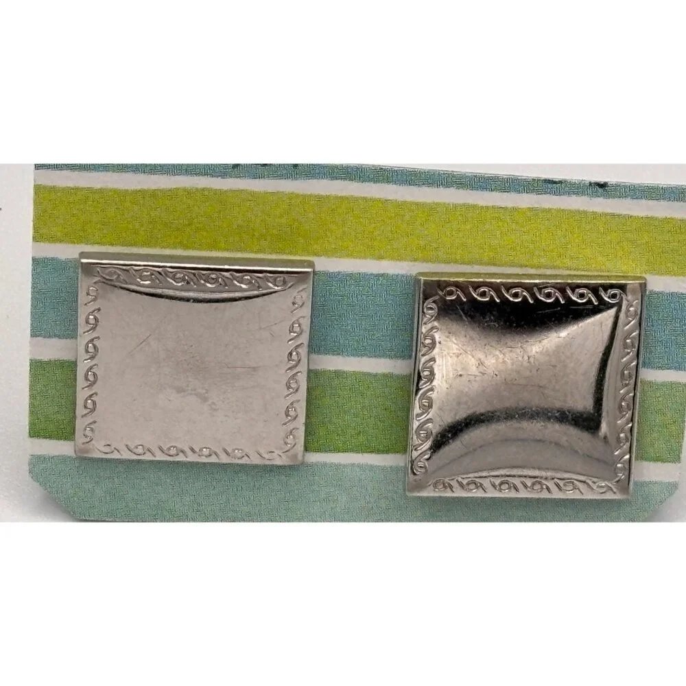 Vintage Silver-Tone Square Cufflinks With Engraved Border Design